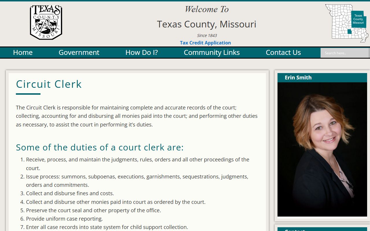 Texas County Circuit Clerk page with office duties and Case.net information