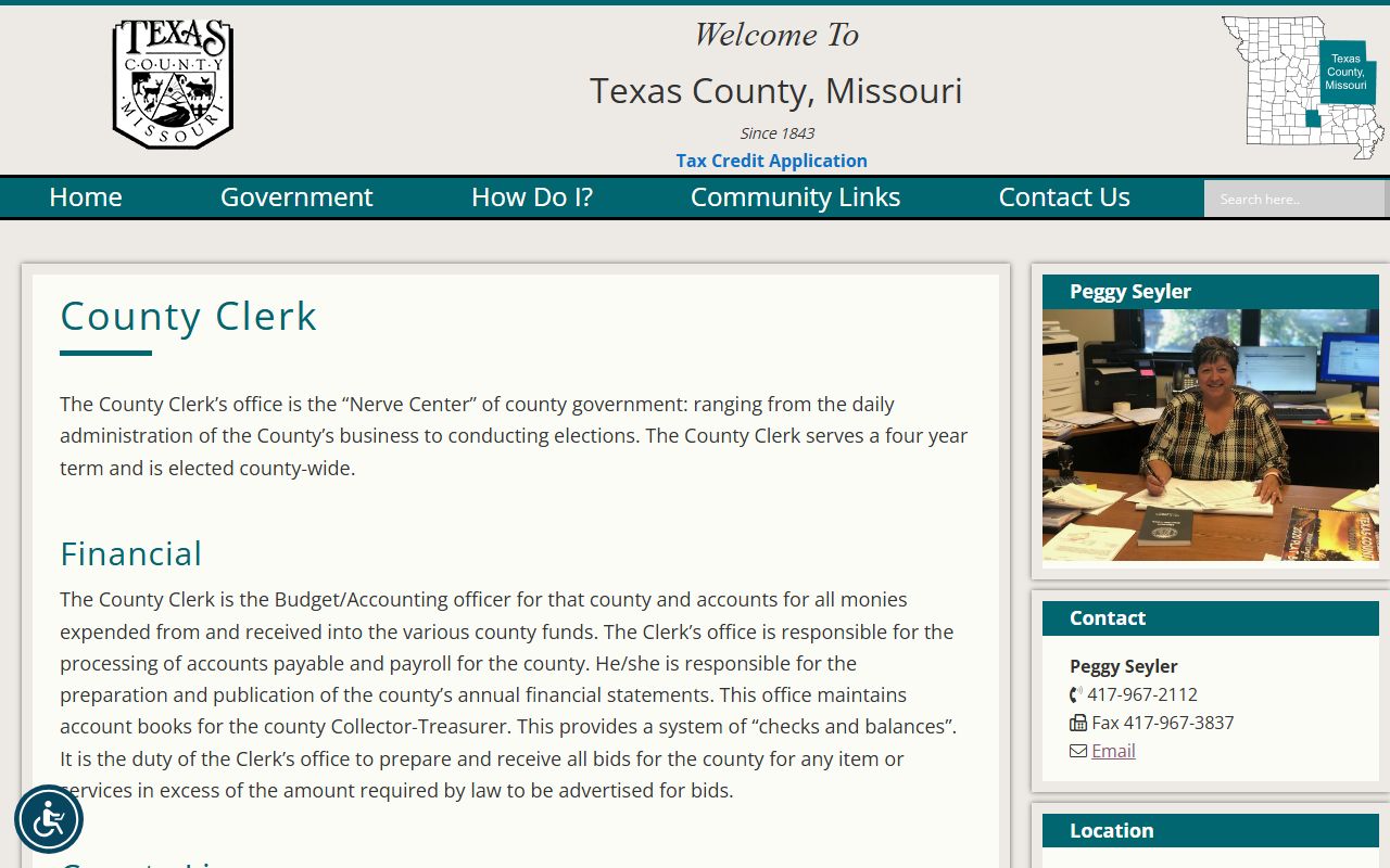 Texas County County Clerk page showing county administration and election duties
