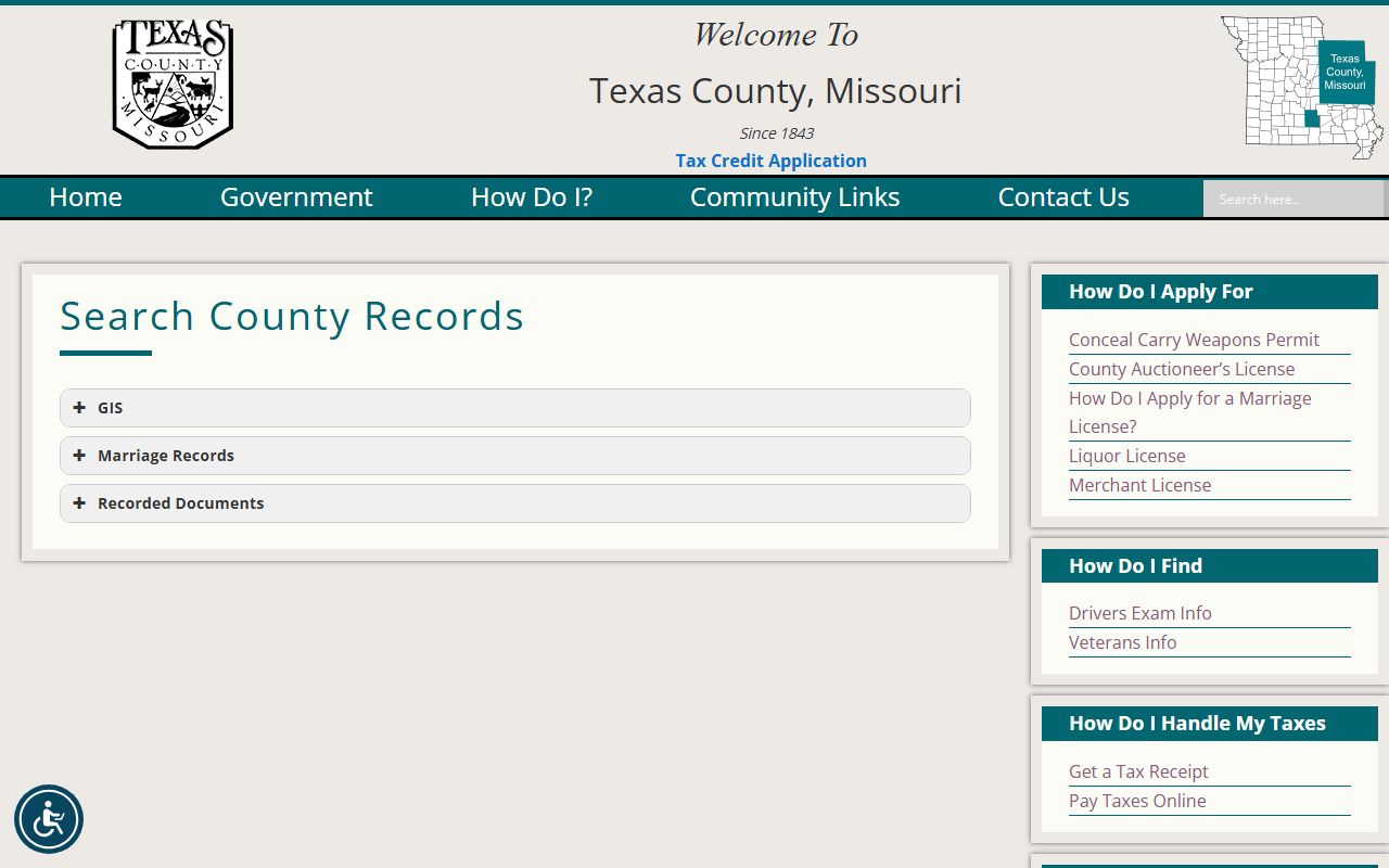 Texas County search county records page showing GIS and iCounty record search information