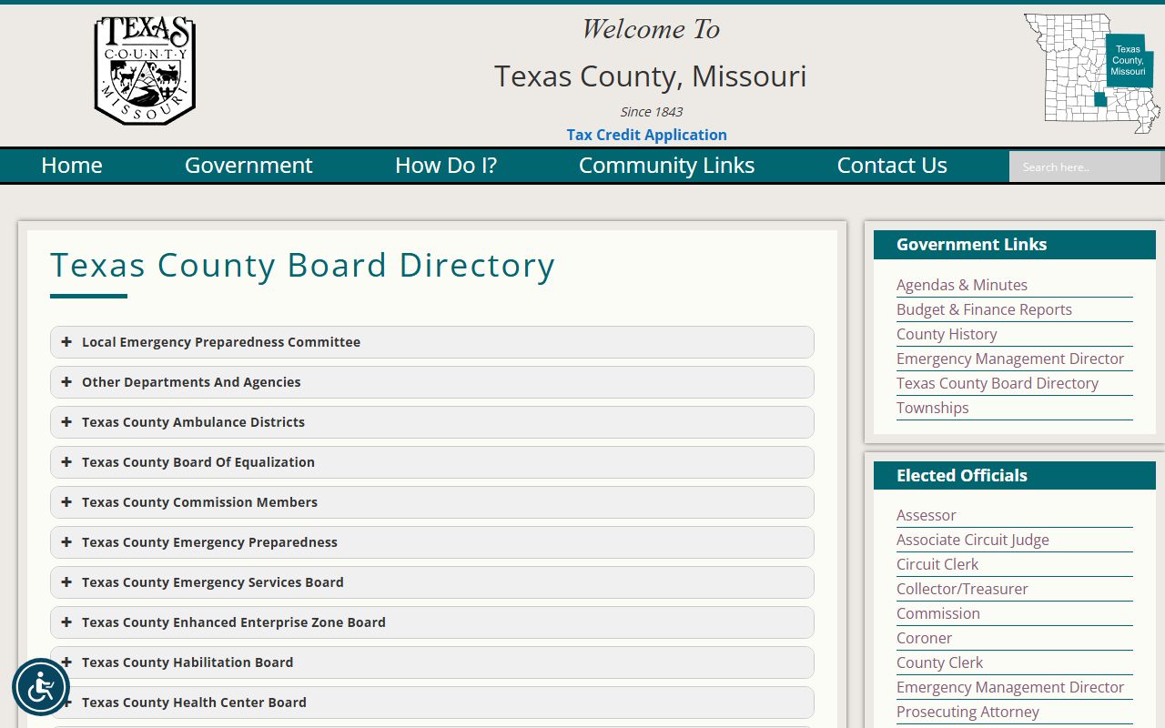 Texas County board directory listing court and justice offices