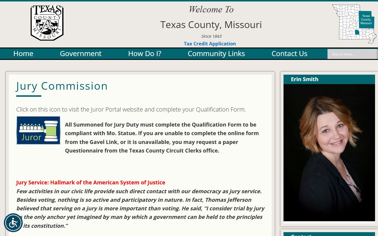 Texas County Jury Commission page with Justice Center security and reporting information
