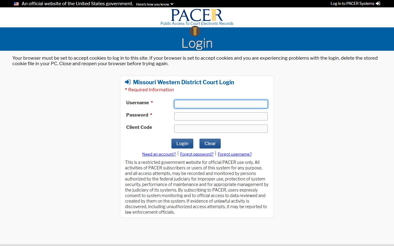 Western District of Missouri CM ECF PACER docket access page