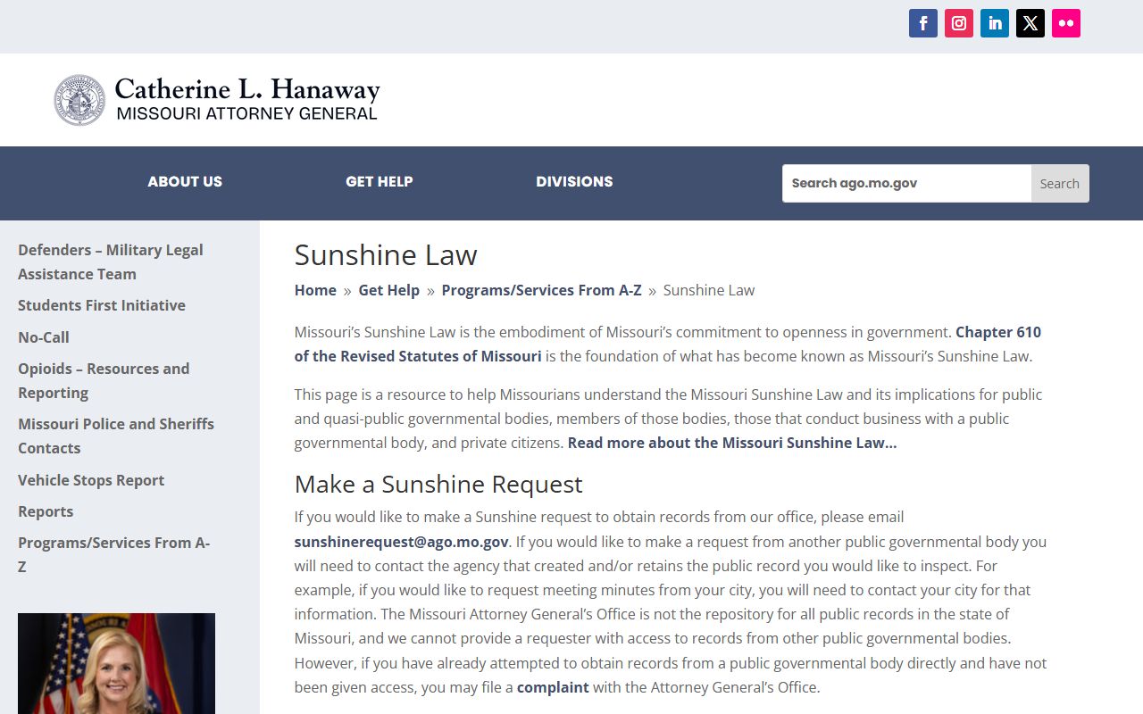 Missouri Attorney General Sunshine Law page for open government records