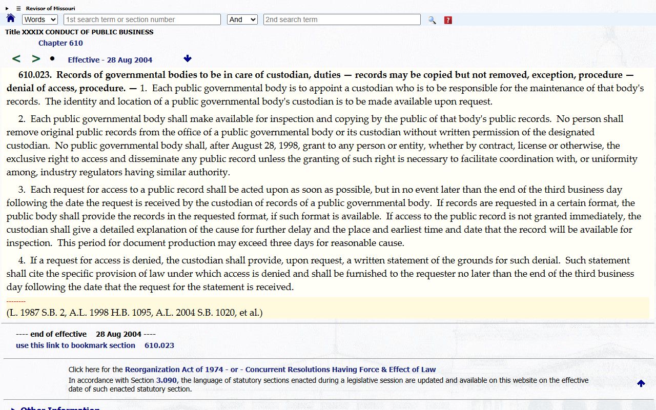Missouri statute page for RSMo 610.023 public records custodian procedure