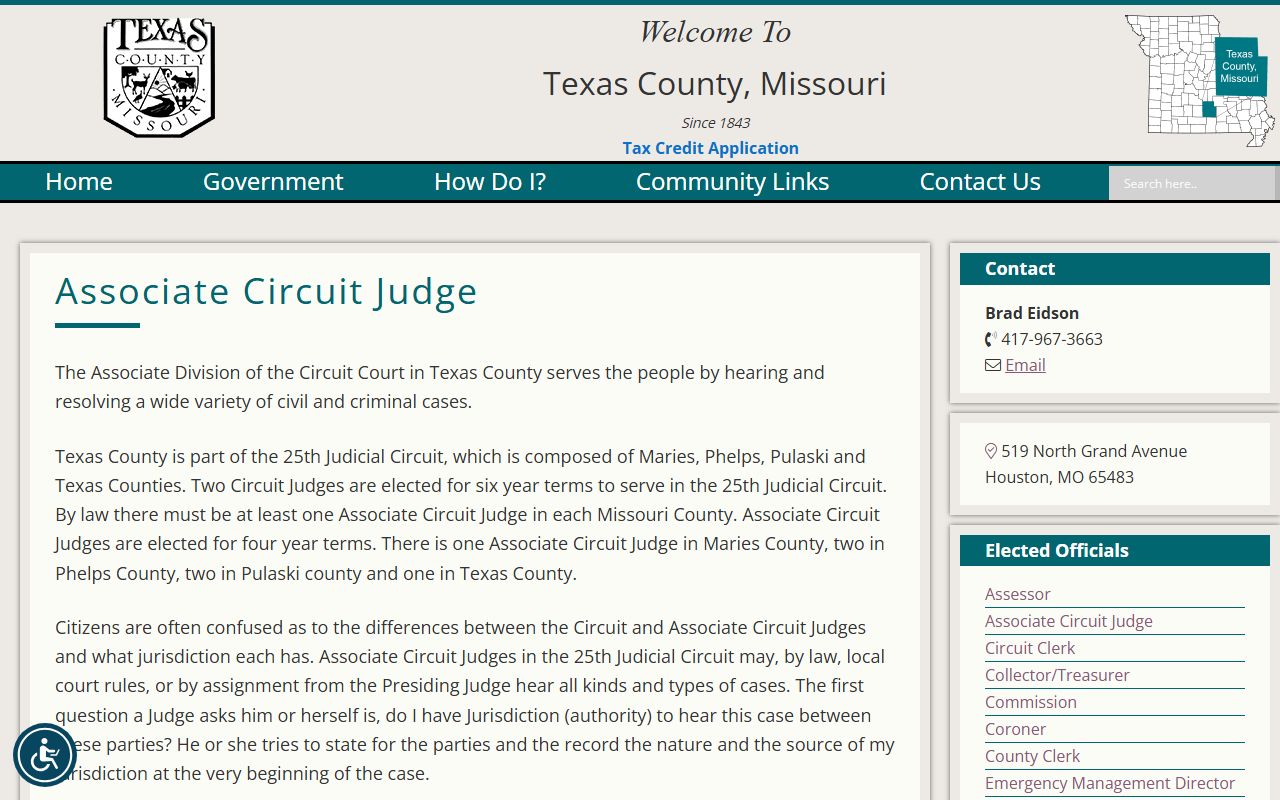 Texas County Associate Circuit Judge page for the 25th Judicial Circuit