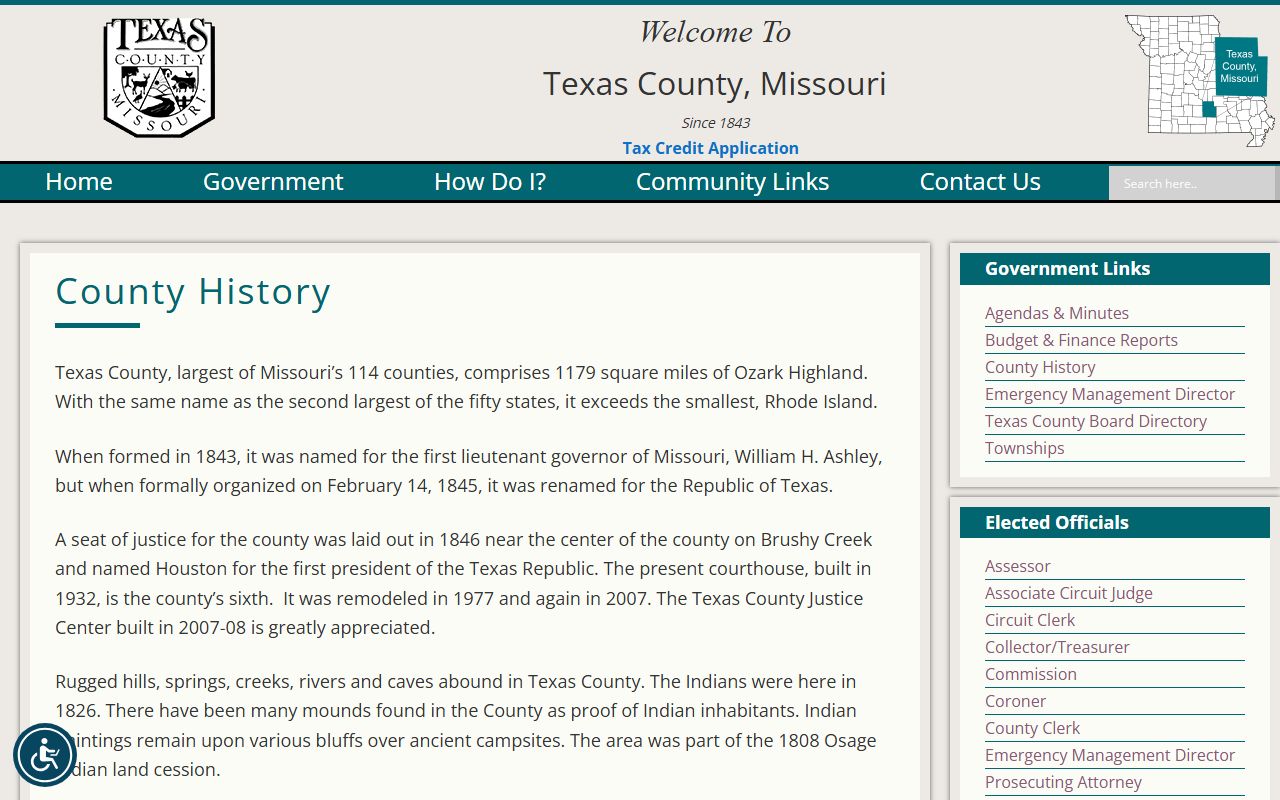 Texas County official history page with courthouse and Justice Center background