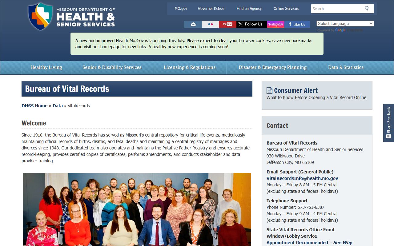 Texas County marriage and divorce records Missouri Bureau of Vital Records page