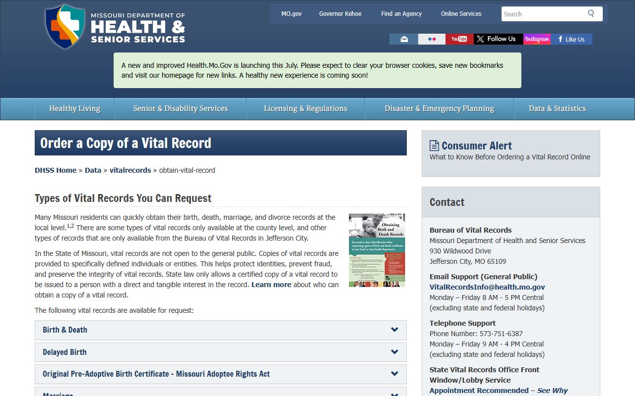 Texas County marriage and divorce records Missouri DHSS vital record ordering page