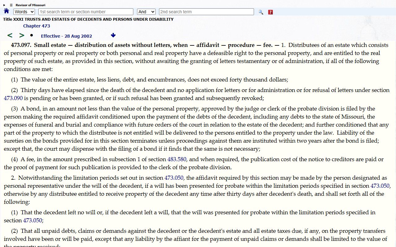 Texas County probate records Missouri RSMo 473.097 small estate statute