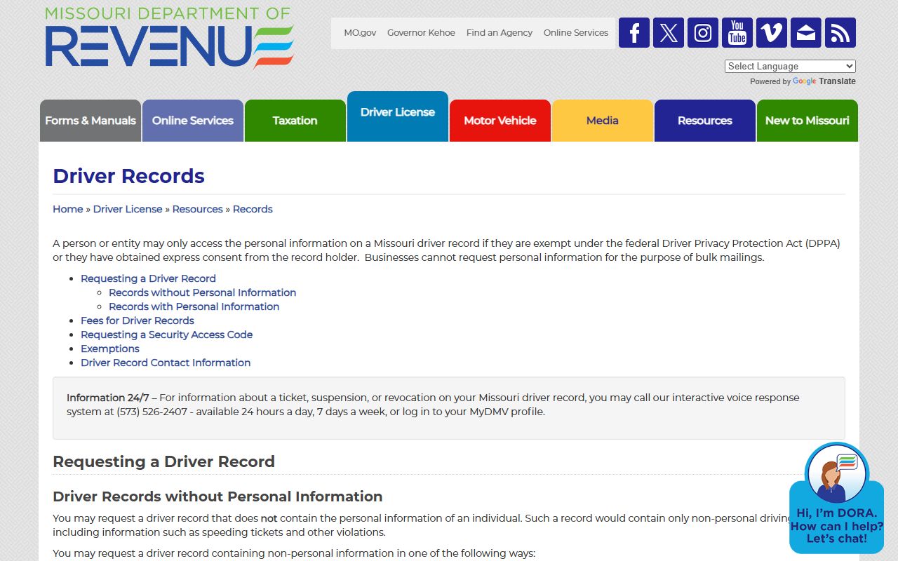Texas County traffic court records Missouri Department of Revenue driver records page
