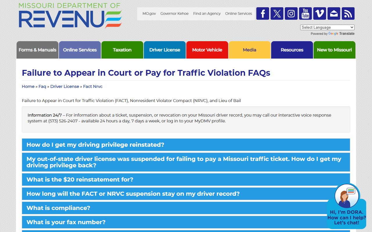 Texas County traffic court records Missouri DOR failure to appear and pay FAQ
